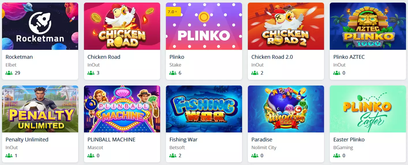 Schermata dei crash game e dei giochi istantanei disponibili su Casino Alpino
