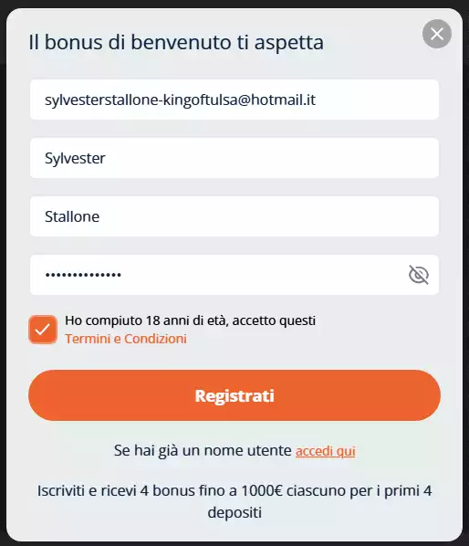 Schermata di esempio della registrazione sul sito Casino Alpino con campi da compilare