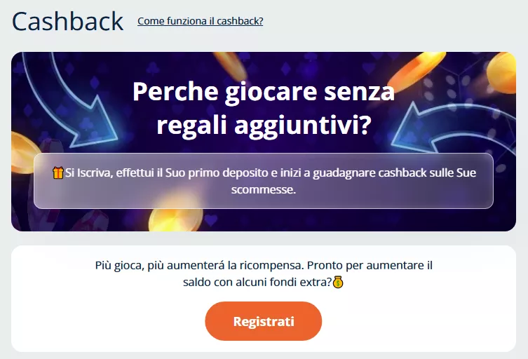 Illustrazione del bonus cashback offerto da Casino Alpino ai giocatori italiani